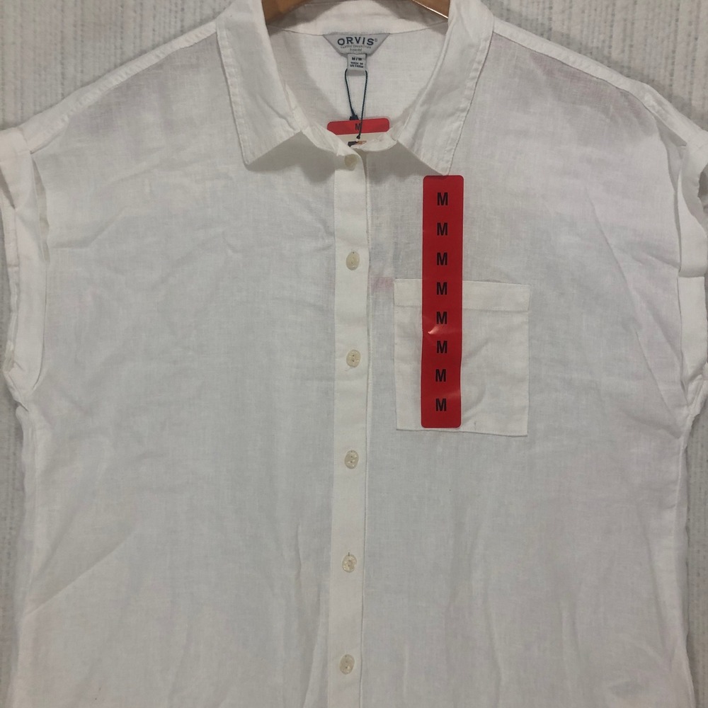 Orvis Women White Linen Blend Button Down Short Sleeve Shirt Medium 1758407 NEW